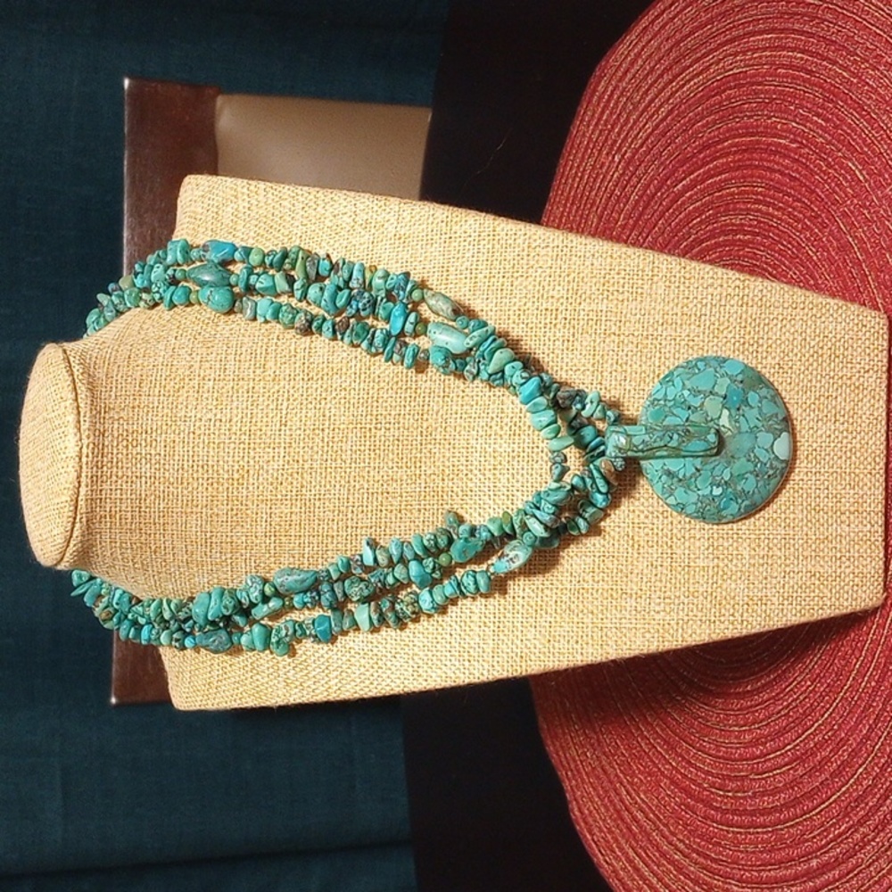 Genuine Turquoise Multi Strand Disc Necklace Stamped 925 - Picture 1 of 9